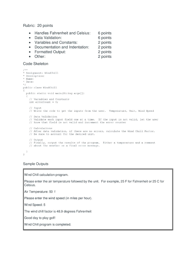 Solved Java WindChill Part 2 Assignment Features input | Chegg.com