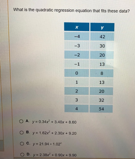 Solved What Is The Quadratic Regression Equation That Fits 6530