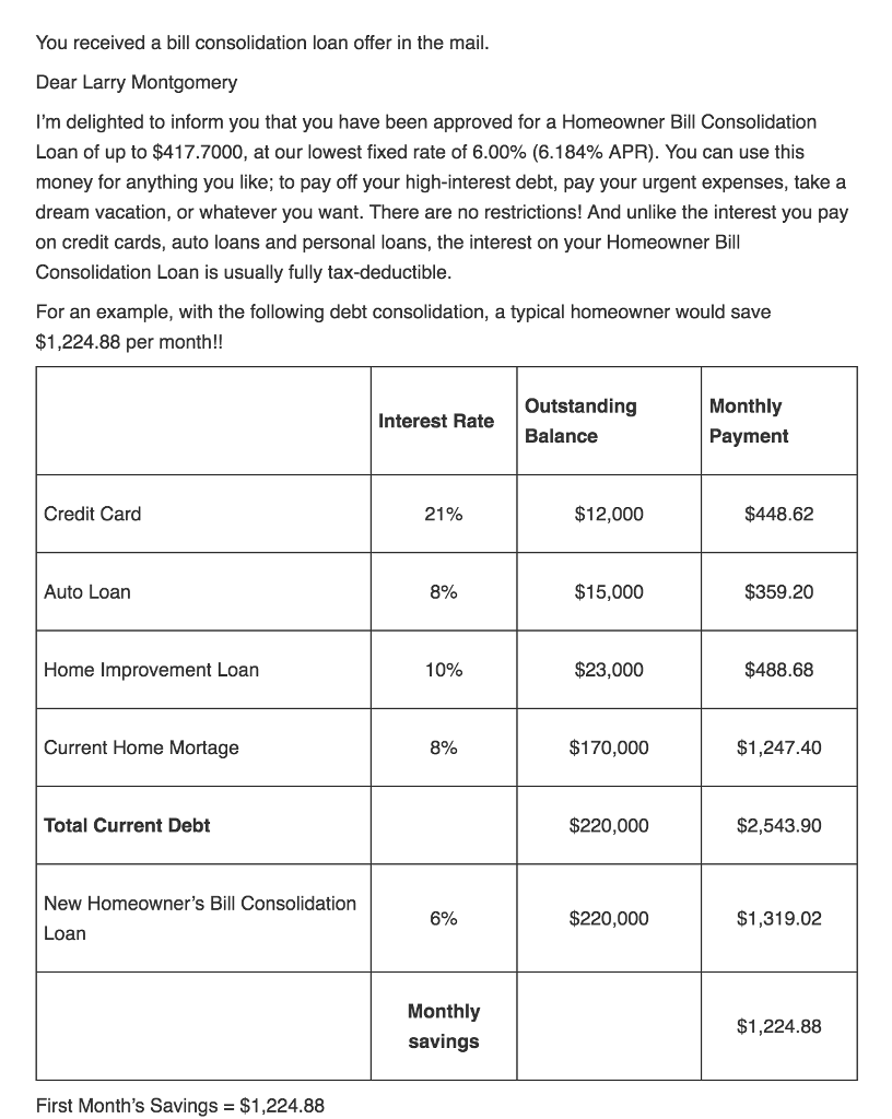 Solved You received a bill consolidation loan offer in the