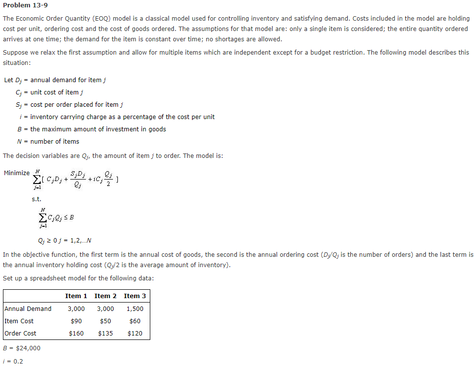 Problem 13-9 The Economic Order Quantity (EOQ) model | Chegg.com