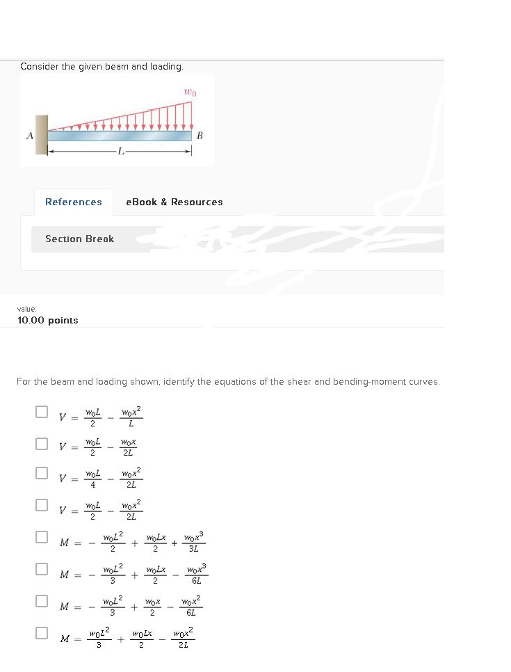 Solved Consider the given beam and loading. For the beam | Chegg.com