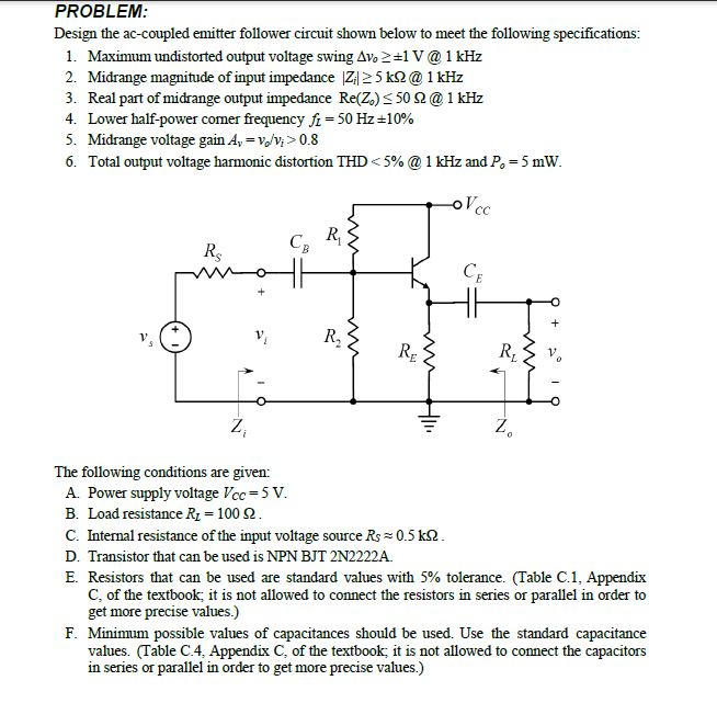 Design the ac-coupled emitter follower circuit shown | Chegg.com