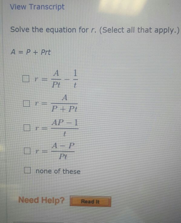 Solved View Transcript Solve the equation for r. (Select all