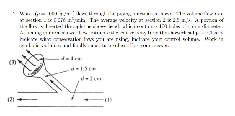 Solved 2. Water (ρ 1000 kg/m3) flows through the piping | Chegg.com