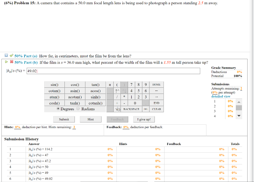 Solved (6%) Problem 15: A camera that contains a 50.0 mm | Chegg.com