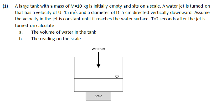 Solved (1) Alarge tank with a mass of M-10 kg is initially | Chegg.com