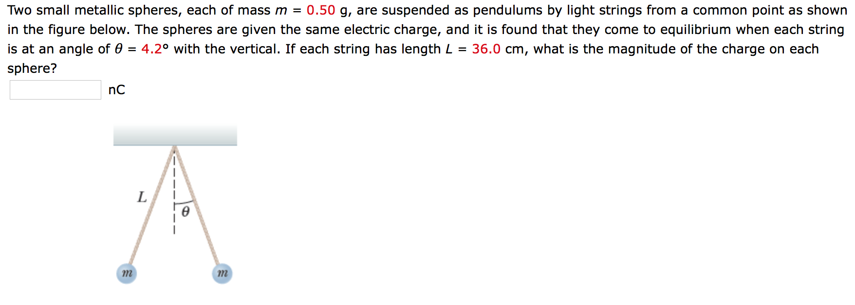 Solved Two small metallic spheres, each of mass m = 0.50 g, | Chegg.com