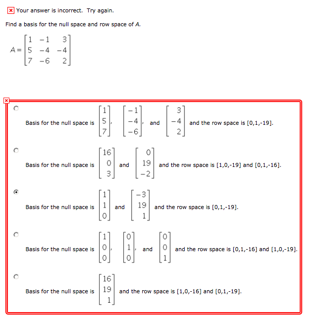 Solved Your answer is incorrect. Try again Find a basis for | Chegg.com