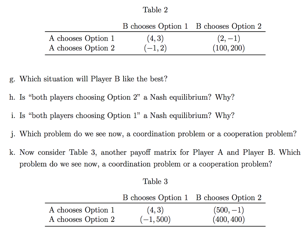 Solved Table 2 B Chooses Option 1 B Chooses Option 2 (4,3) A | Chegg.com