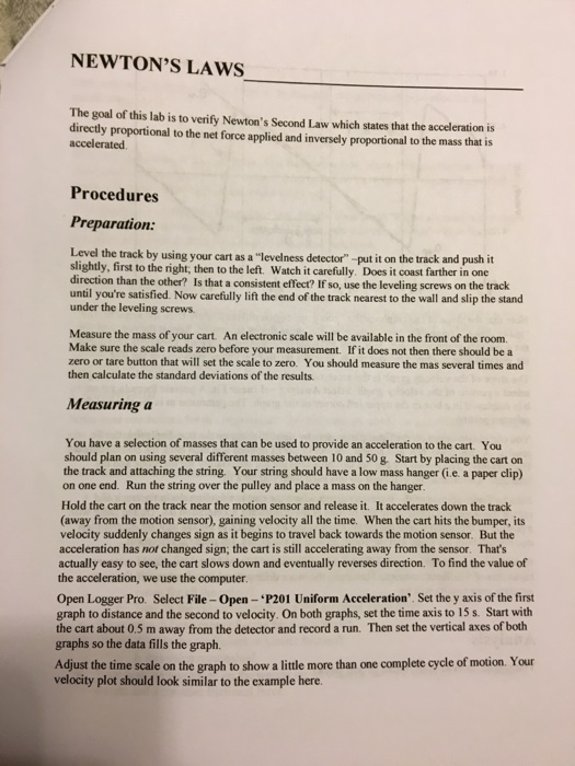 Solved NEWTON'S LAWS The Goal Of This Lab Is To Verify | Chegg.com