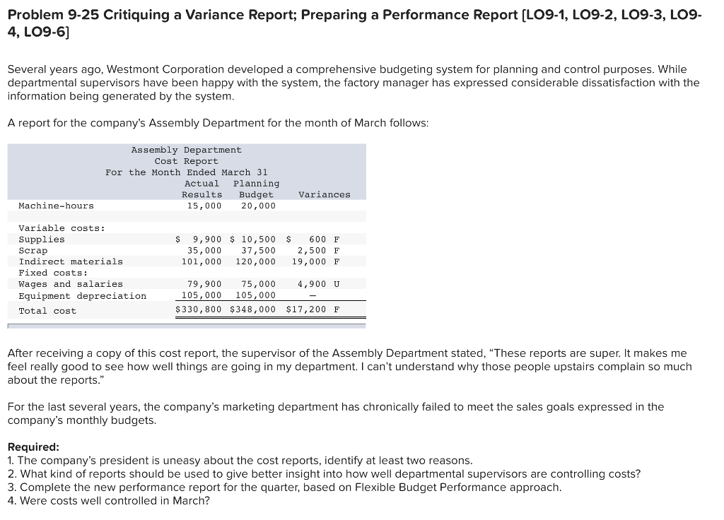 Solved Problem 9-25 Critiquing a Variance Report; Preparing | Chegg.com