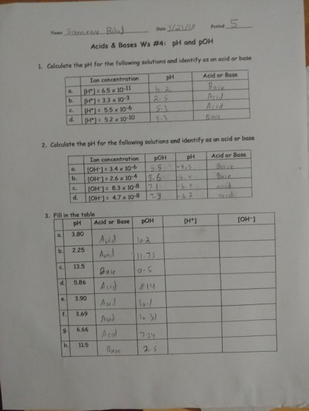 Solved: Nane Acids & Bases Ws #4: PH And POH L Calculate T... | Chegg.com