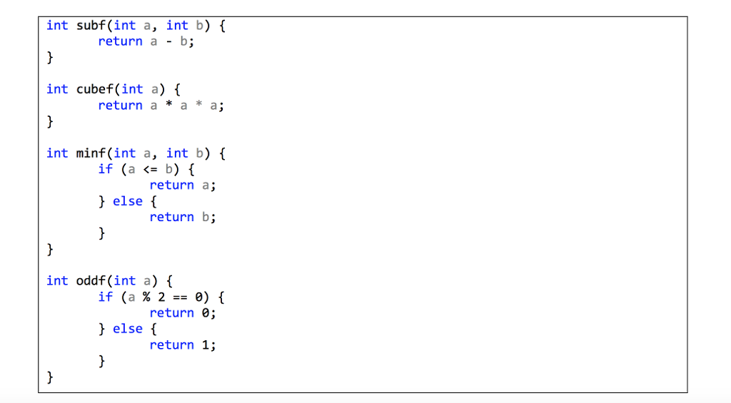 Solved Int Subf (int A, Int B) Return A B; In Cubef(int A) | Chegg.com