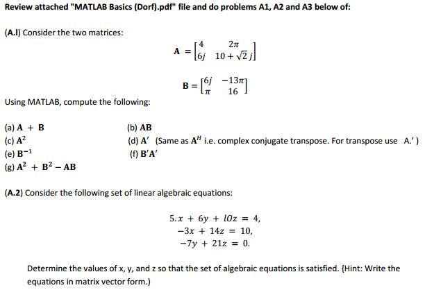 equation matrice matlab