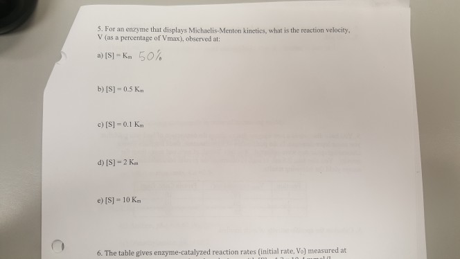 Solved 5. For an enzyme that displays Michaelis-Menton | Chegg.com