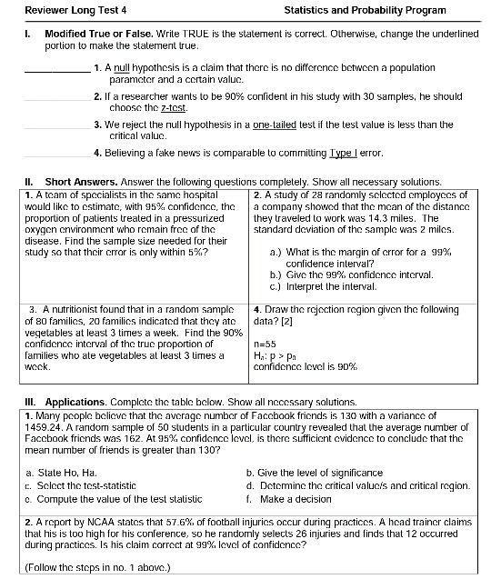Solved Reviewer Long Test 4 Statistics and Probability | Chegg.com