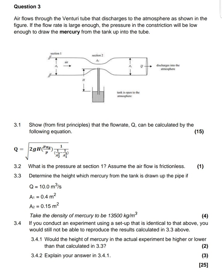 Question 3 Air flows through the Venturi tube that | Chegg.com | Chegg.com