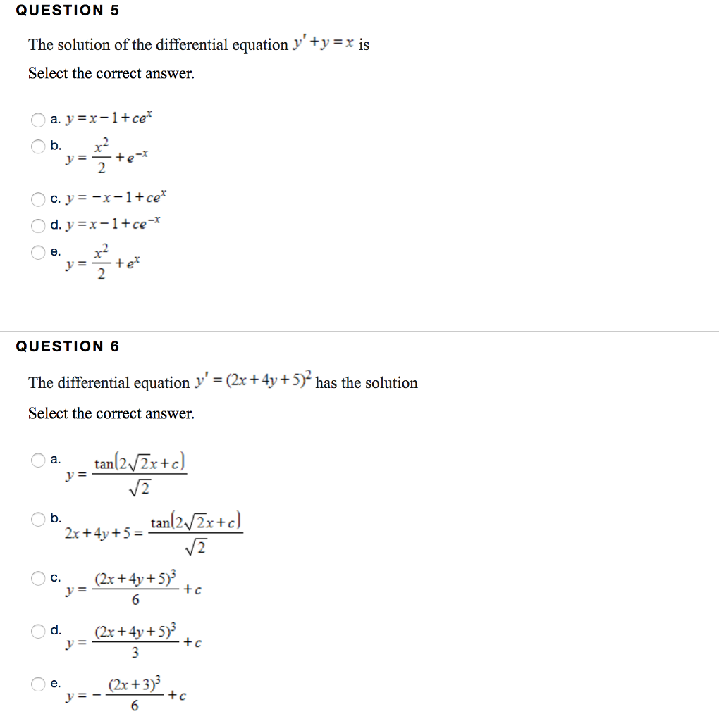 Solved QUESTION 5 The solution of the differential equation | Chegg.com