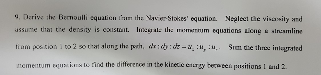 Solved Derive the Bernoulli equation from the Navier-Stokes' | Chegg.com