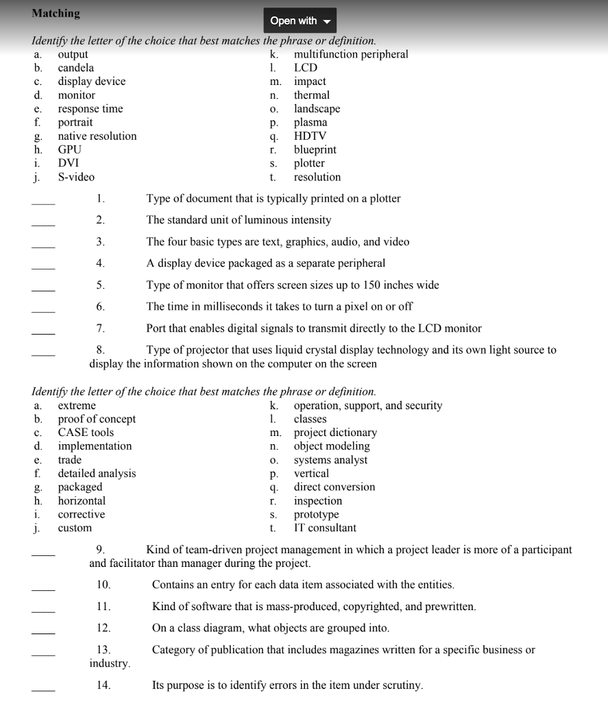 Solved Matching Open with Identify the letter of the choice | Chegg.com