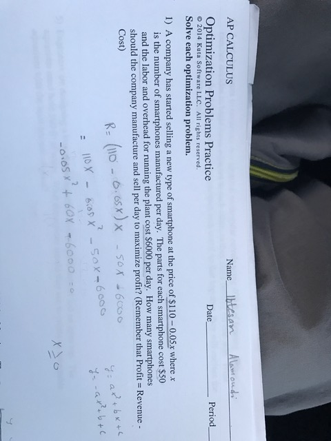 Solved AP CALCULUS Name htesanoud Optimization Problems | Chegg.com
