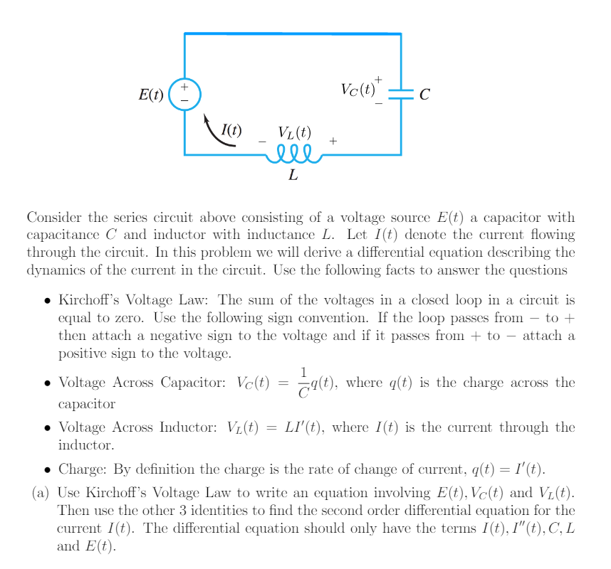 Solved VC(t) c E(t) VL(t) L Consider the series circuit | Chegg.com