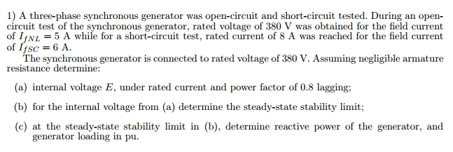 Solved A Three-phase Synchronous Generator Was Open-circuit | Chegg.com