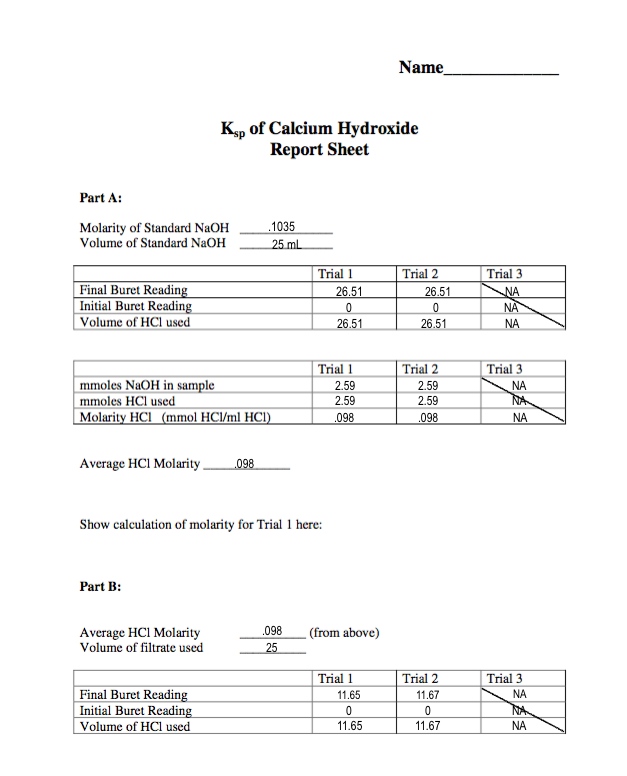 Solved Name Ksp of Calcium Hydroxide Report Sheet Part A