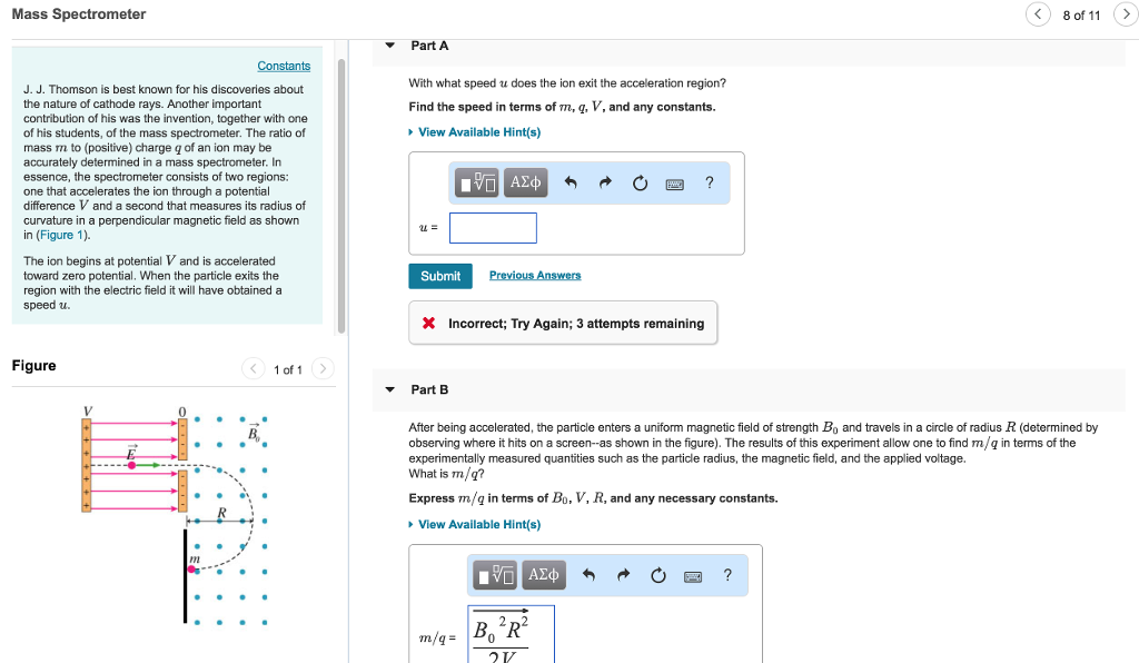 Solved Mass Spectrometer 8 of 11 > v Part A With what speed