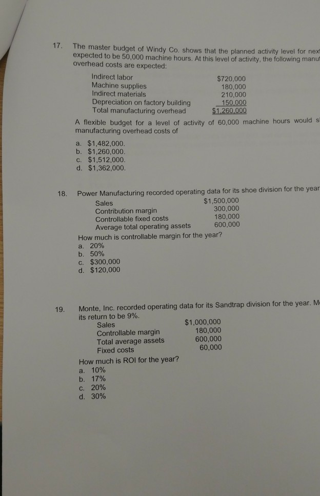 Solved 17. The master budget of Windy Co. shows that the | Chegg.com