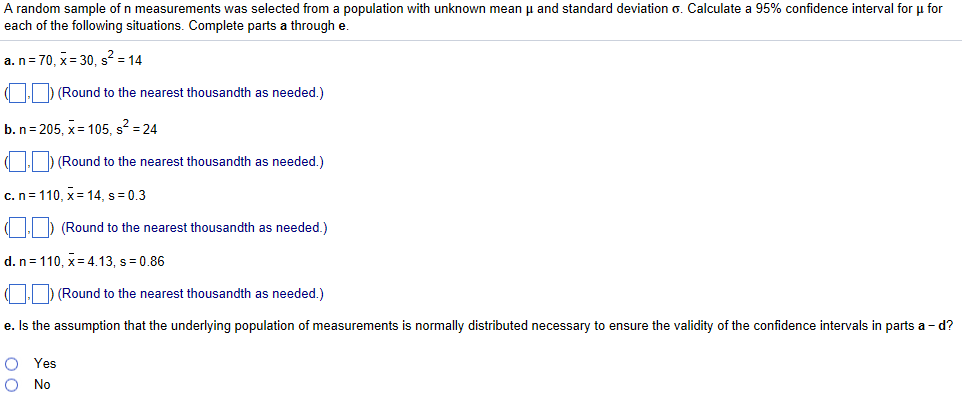 Solved A random sample of n measurements was selected from a | Chegg.com