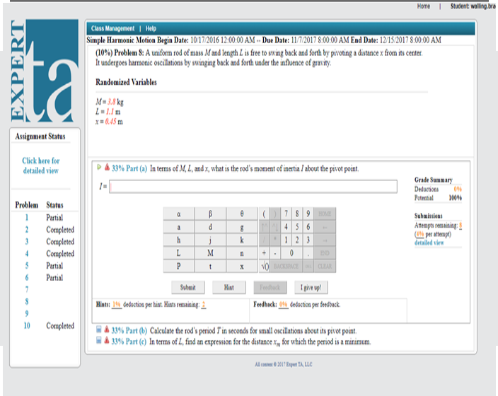 Solved Home 1 Student walling.br Simple Harmonic Motion