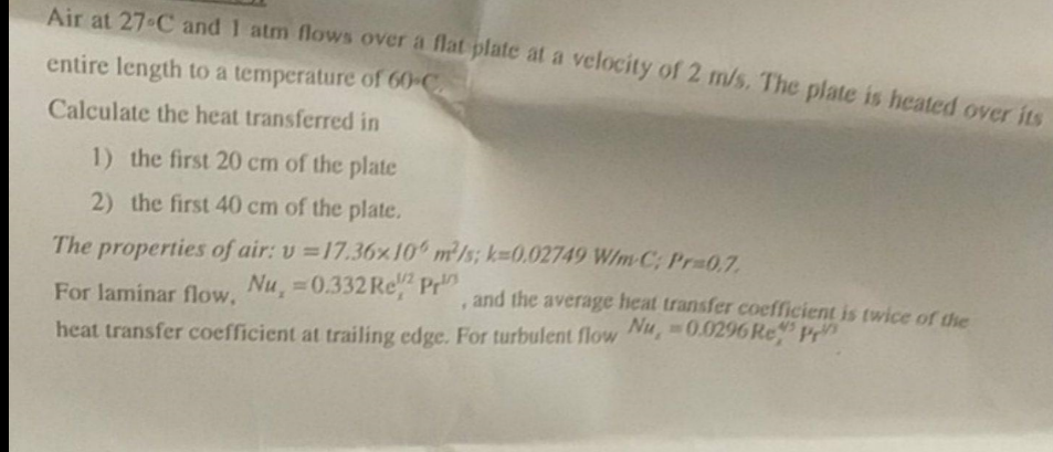 Solved Air at 27 C and 1 atm flows over a flat plate at a | Chegg.com