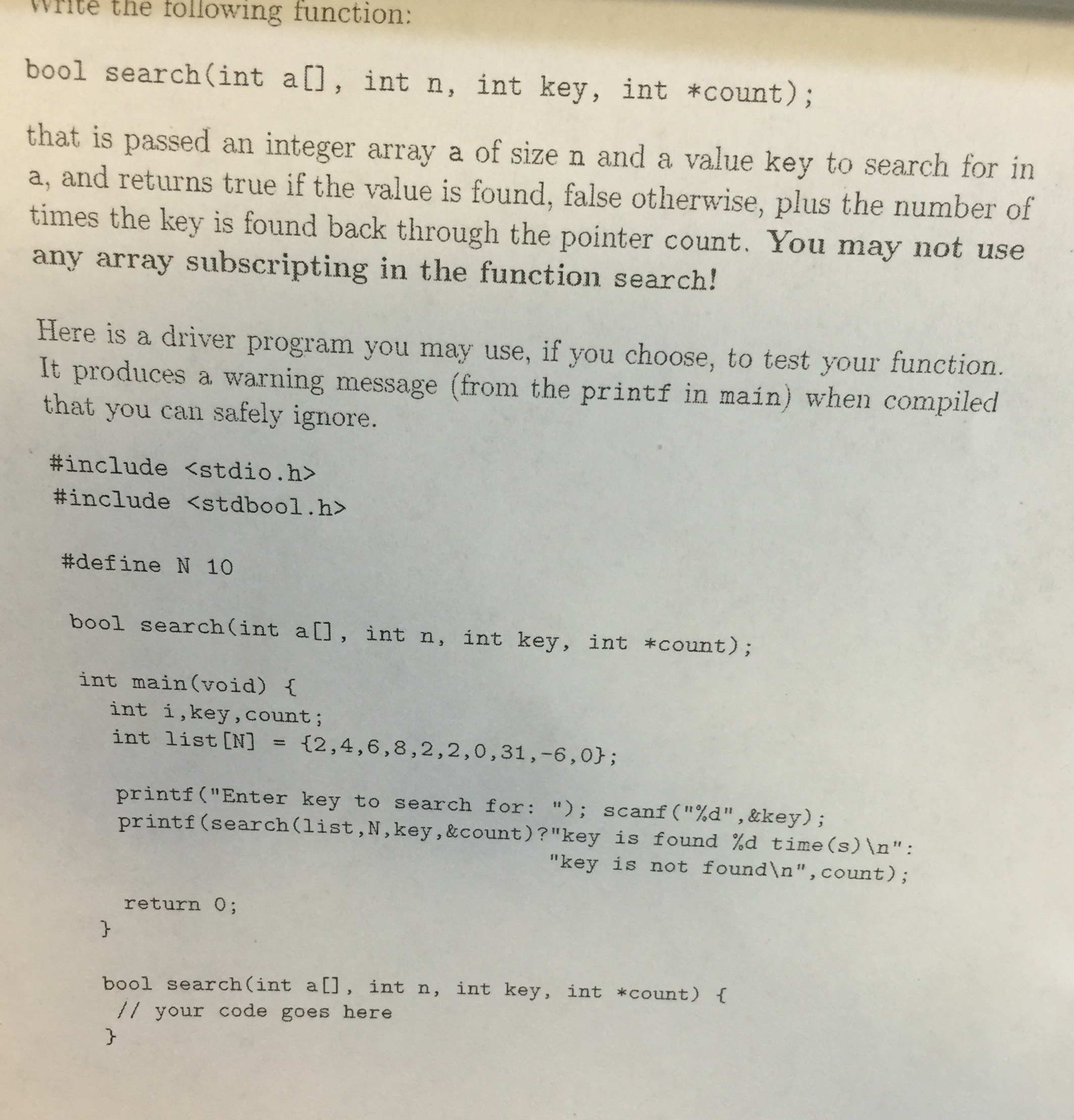 Solved Bool search (int a [], int n, int key, int *count); | Chegg.com