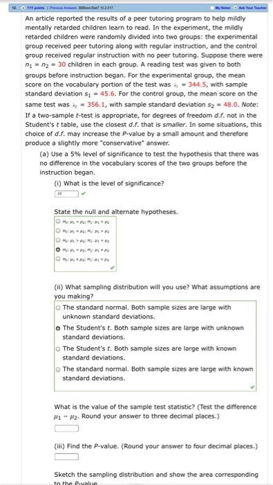 Solved An Article Reported The Results Of A Peer Tutoring Chegg
