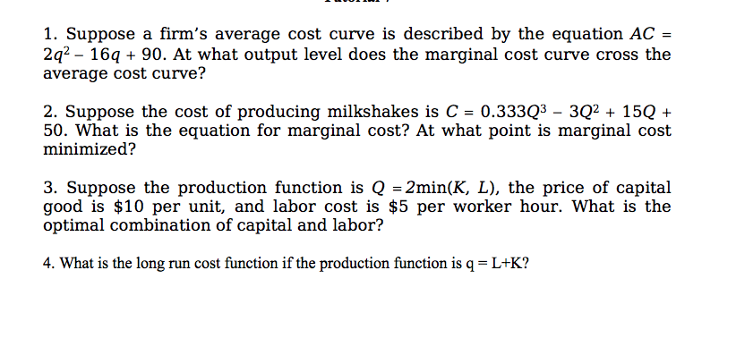 Solved 1. Suppose a firm's average cost curve is described | Chegg.com