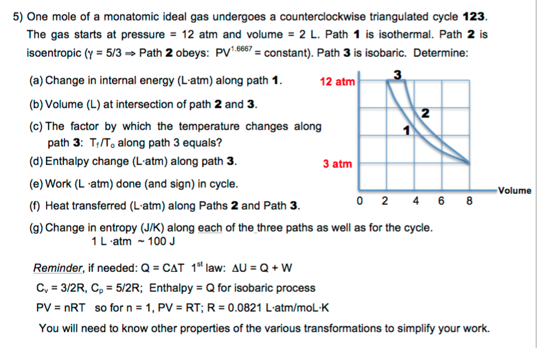 Solved 5) One mole of a monatomic ideal gas undergoes a