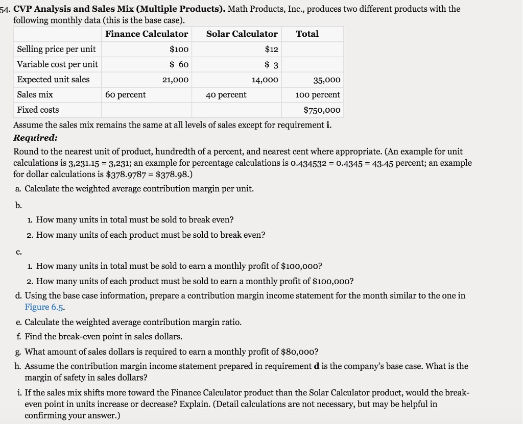 Solved 54 Cvp Analysis And Sales Mix Multiple Products 0163