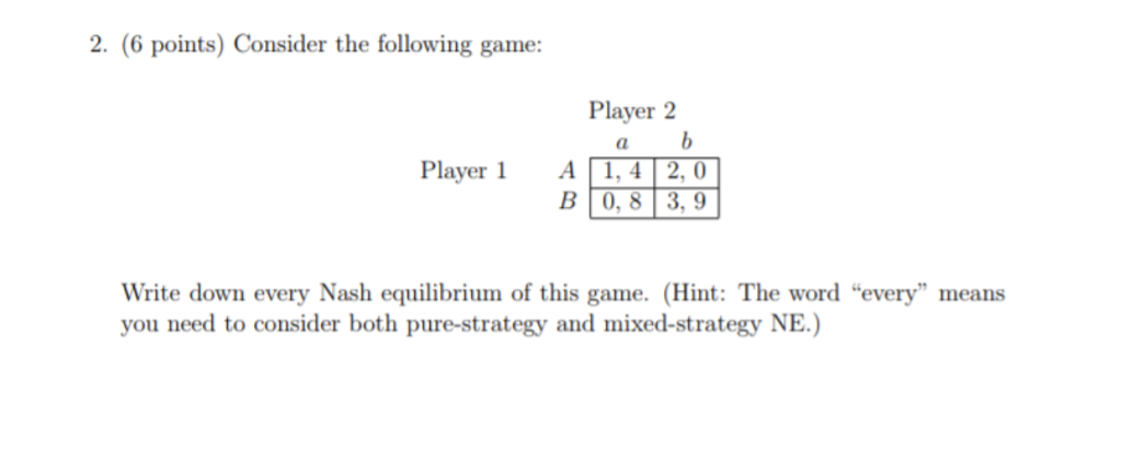 Solved 2. (6 points) Consider the following game Player 2 A | Chegg.com
