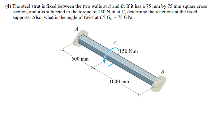 Solved (4) The steel strut is fixed between the two walls at | Chegg.com