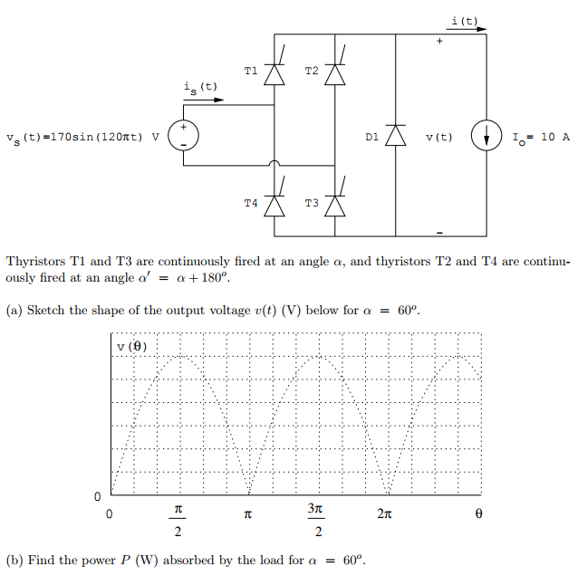 Solved i (t) T1 T2 is (t) D1 v (t) 10 A V vs (t)=170sin ( | Chegg.com