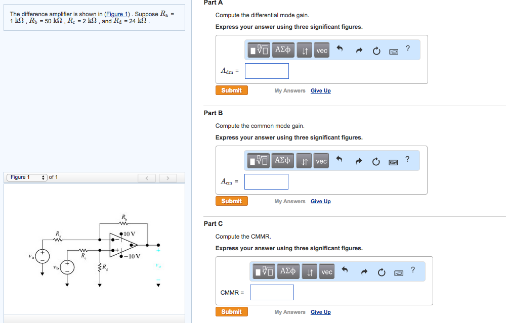 Solved The difference amplifier is shown in (Figure 1). | Chegg.com