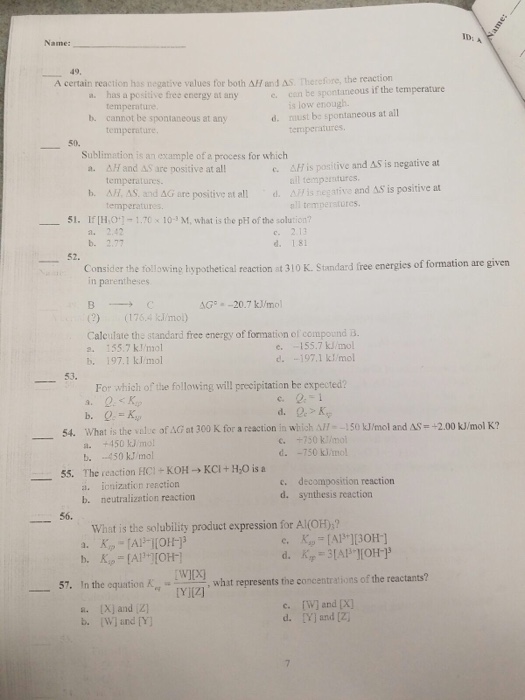 Solved Name: 49, A certain reaction has negative values for | Chegg.com