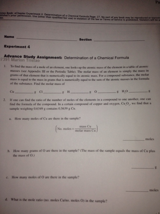 Solved Determination of a Chemical Formula Page: 27. No part | Chegg.com
