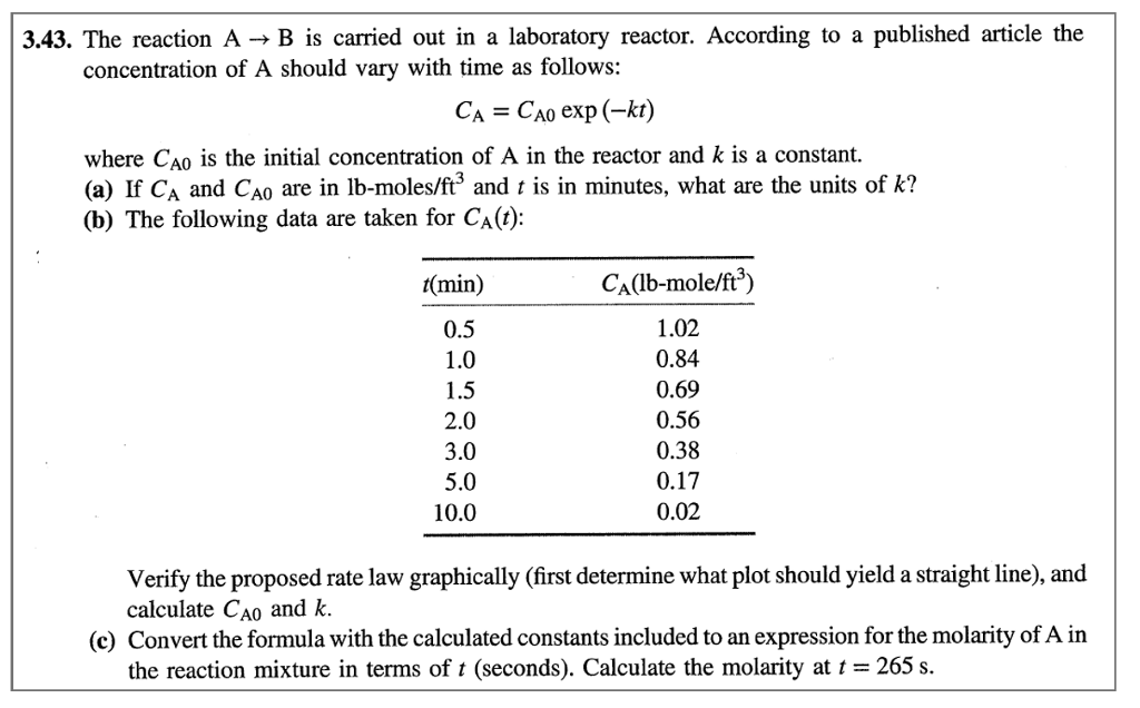 Solved 3.43. The reaction A→B is carried out in a laboratory | Chegg.com
