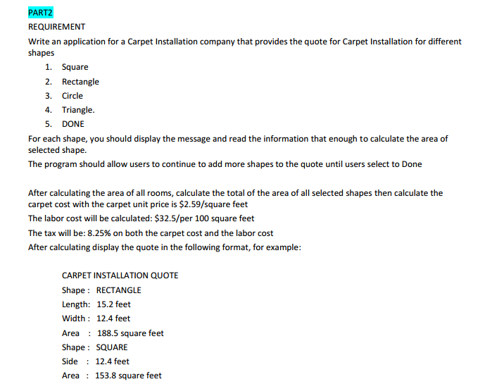 Solved PAR REQUIREMENT write an application for a carpet