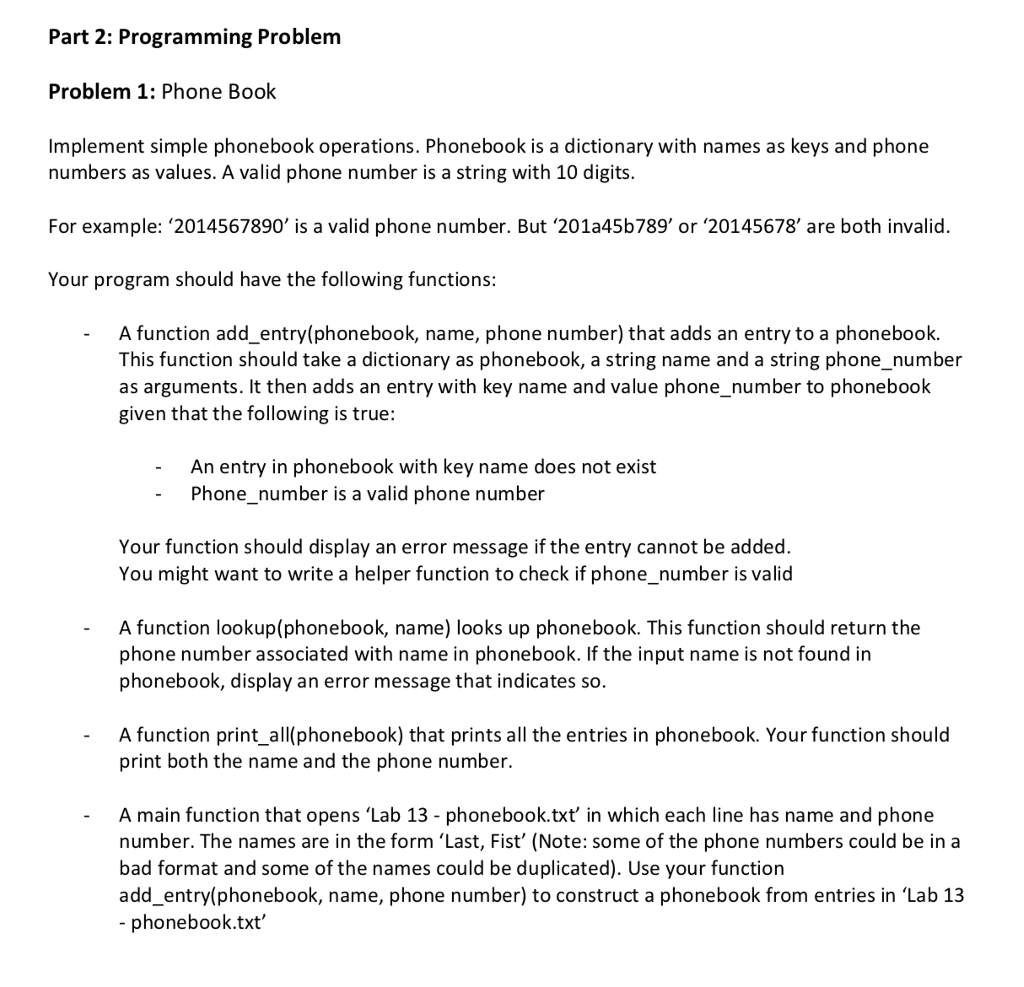Solved Part 2: Programming Problem Problem 1: Phone Book | Chegg.com