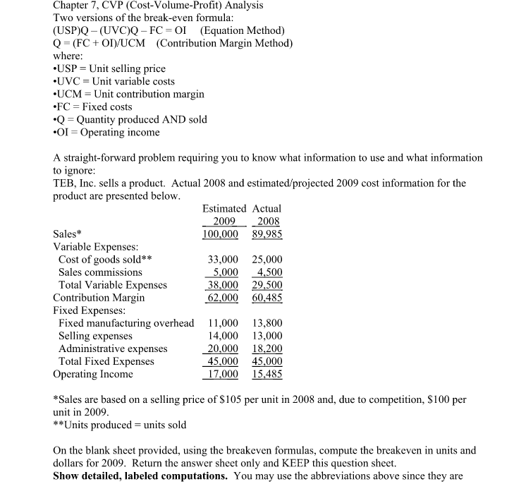 Solved Chapter 7 Cvp Cost Volume Profit Analysis Two 9404