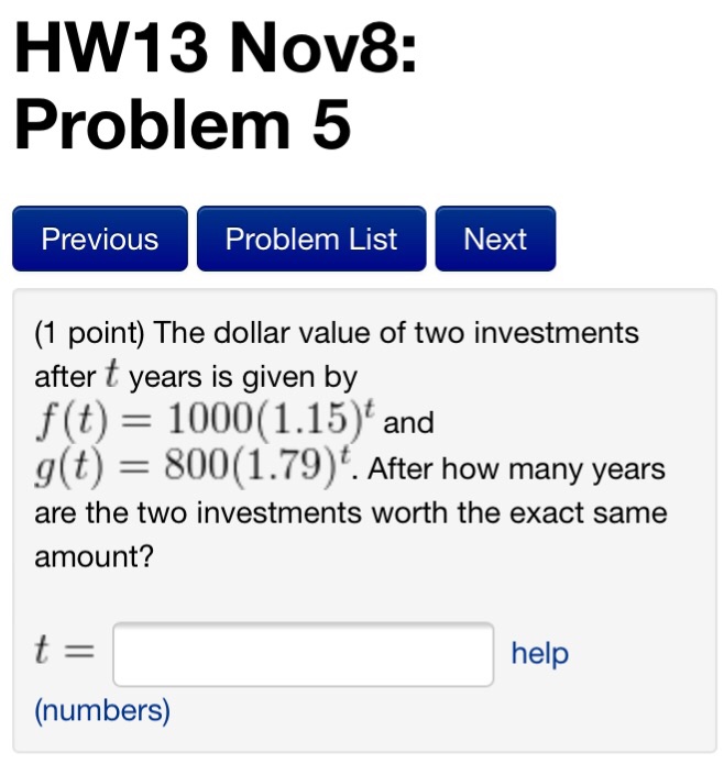 Solved The dollar value of two Investments after t years is | Chegg.com