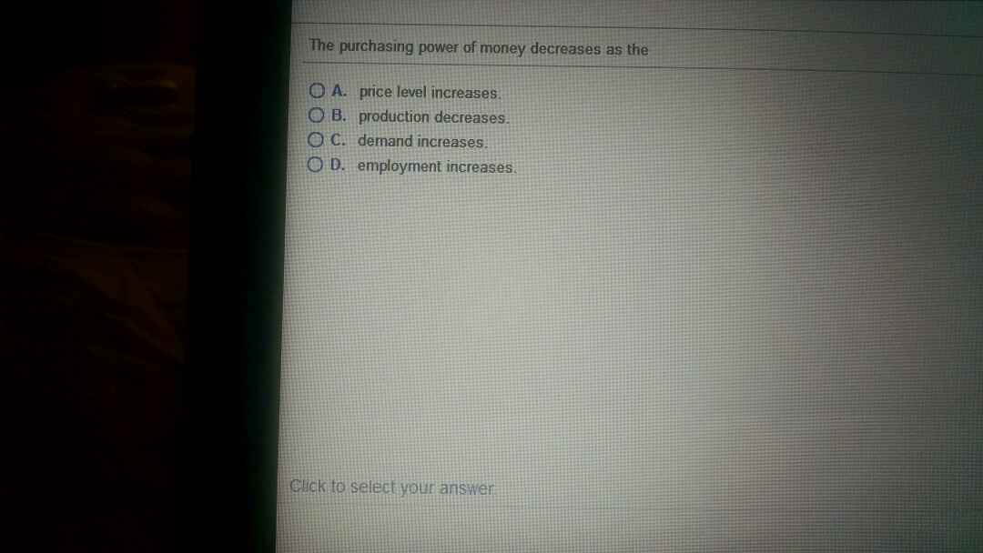 Solved The purchasing power of money decreases as the A. | Chegg.com